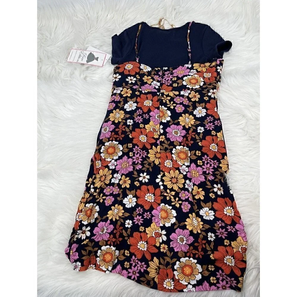 RARE EDITIONS 3pc Dress Set Girls Navy  Size 14 Top Necklace Floral Printed NEW